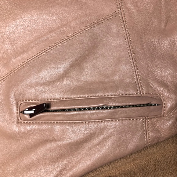 Veda Tan Taupe 100% Leather Asymmetrical Moto Jacket With High Cut Back Size L - Picture 8 of 8